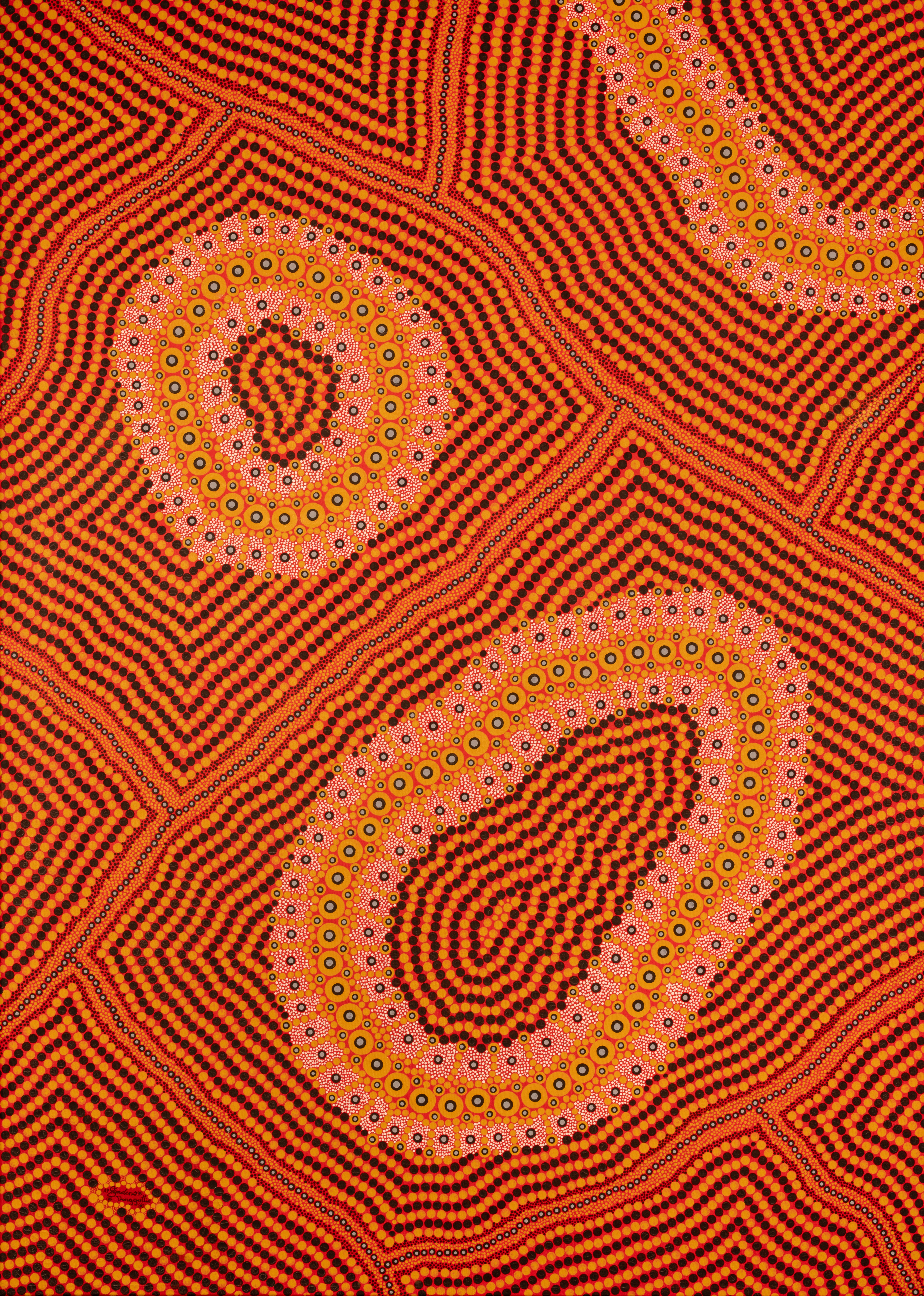 Ochre spirals radiating out intersected by angular ochre pathways