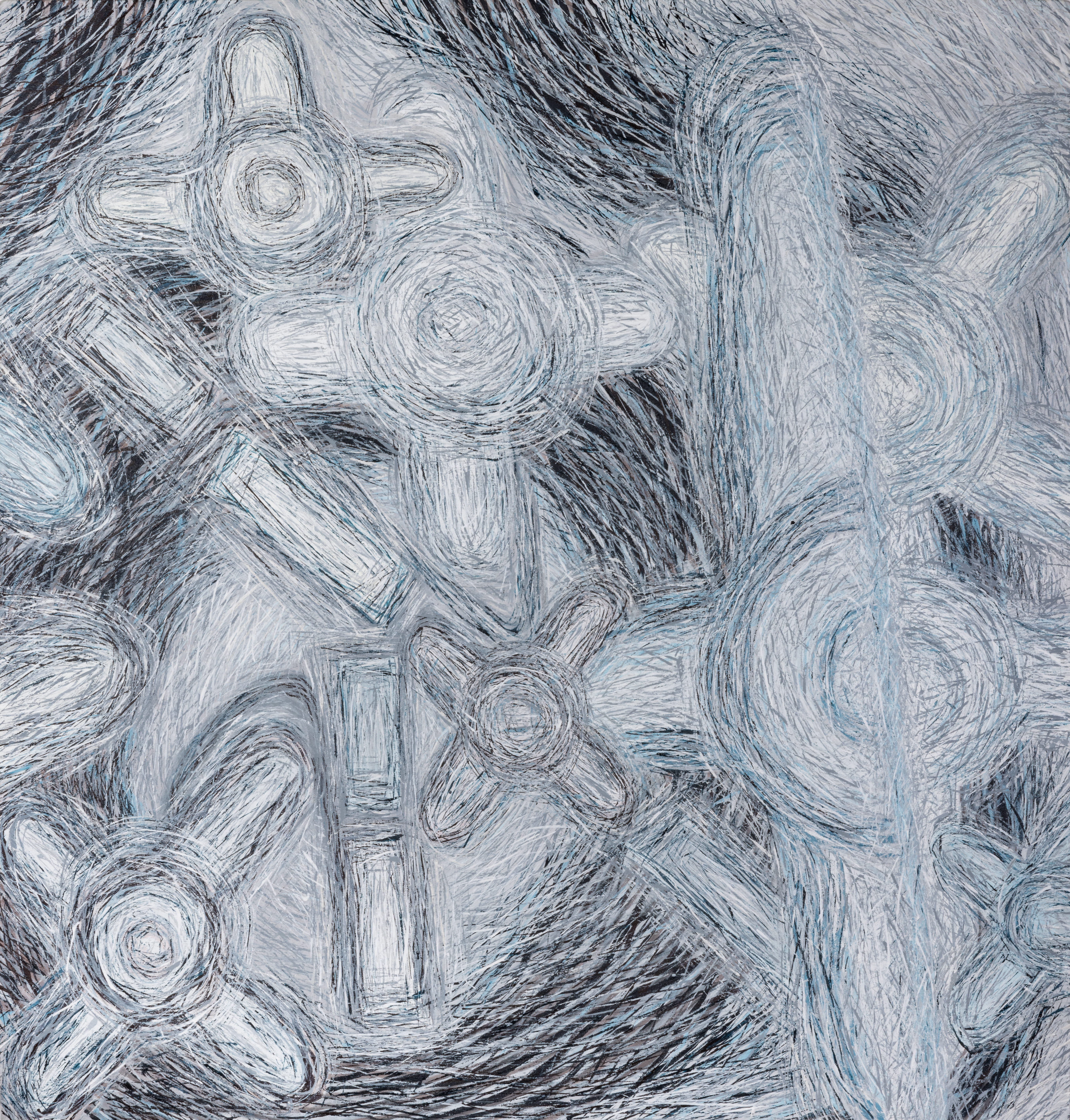 Rounded crosses with centred circles, many line strokes in black, white and dark blue tones