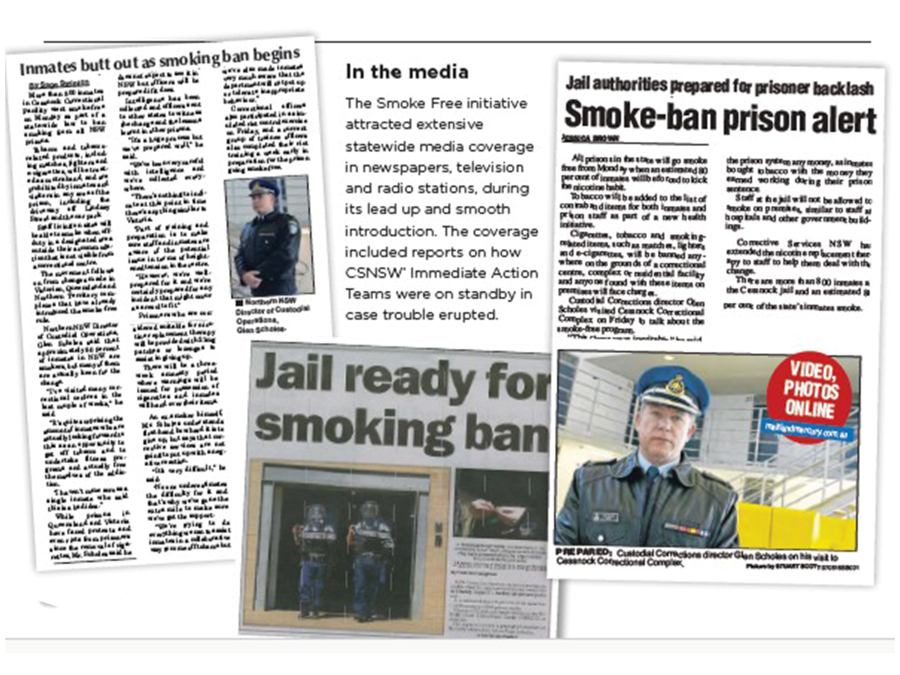 3 newspaper clippings about the ban with text: In the media: The Smoke Free initiative attracted extensive statewide media coverage in newspapers, television and radio stations.