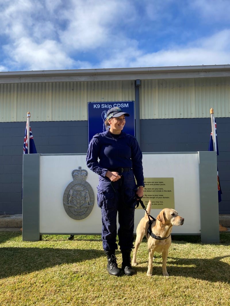 Woman stands with labrador in front of CSNSW crest