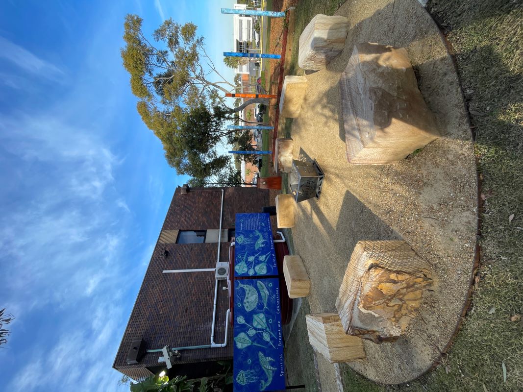 Sandstone blocks in a circle around a fire pit in the foreground, Aboriginal artwork to the left background, five totem poles in the right background